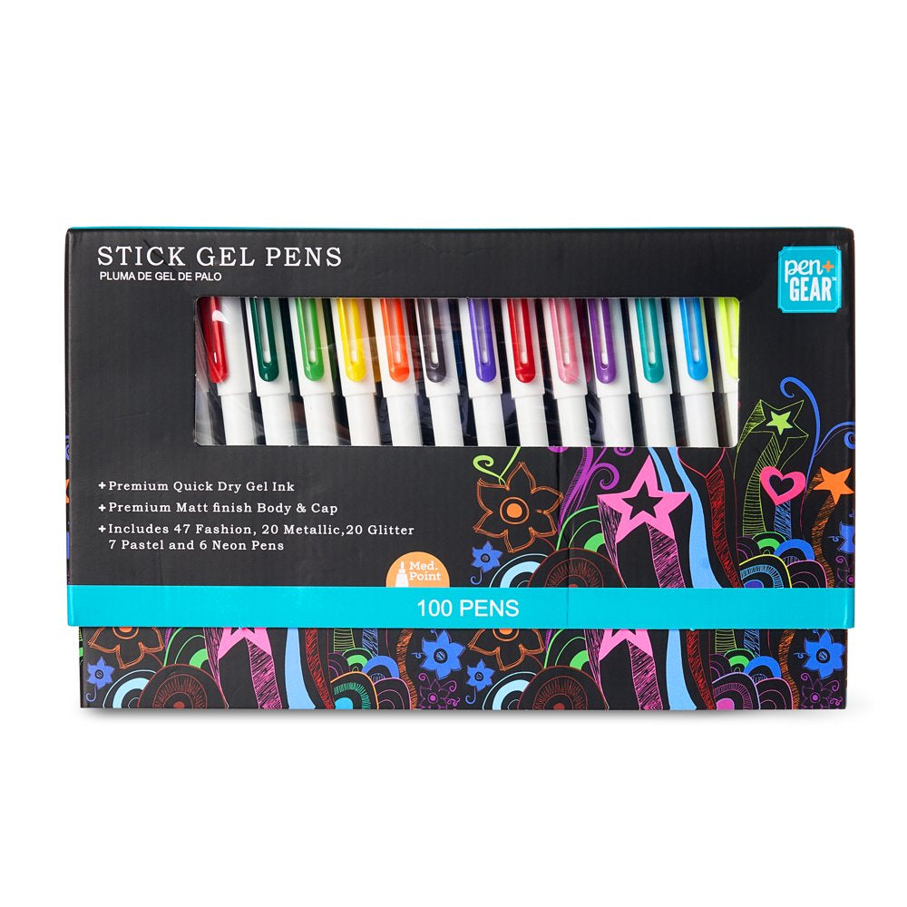 Gel Stick Pens, Medium Point, Assorted Colors, 100 Count