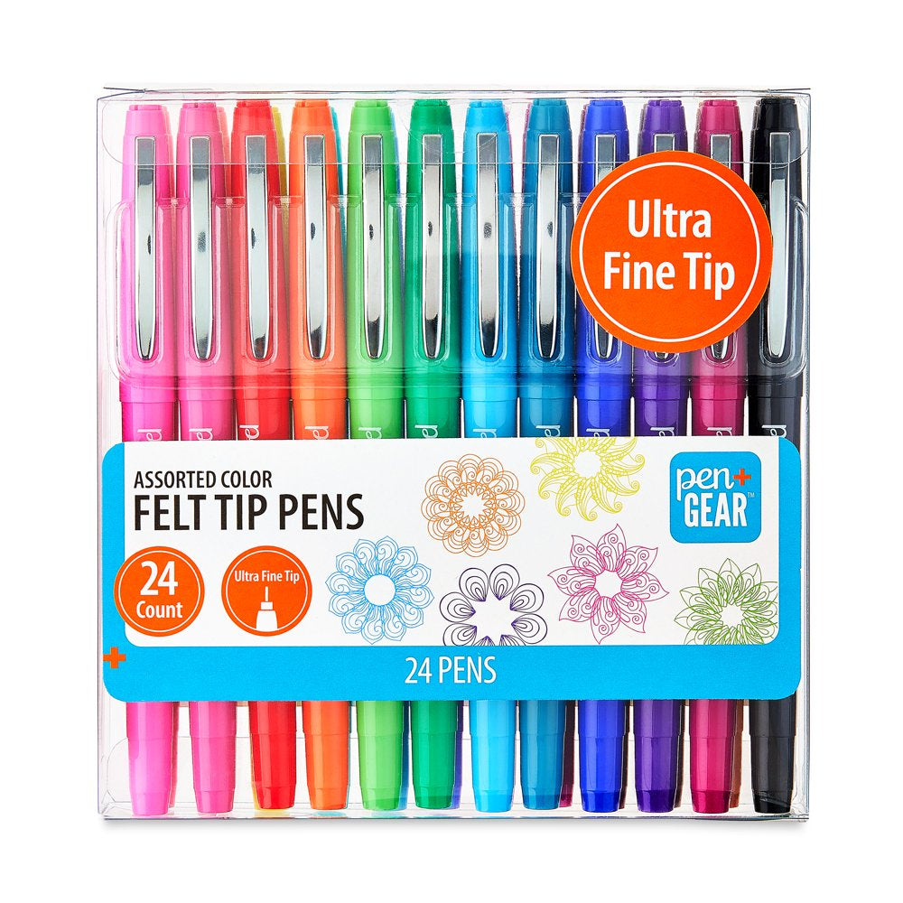 Felt-Tip Pens, Ultra Fine, Assorted Colors, 24 Count