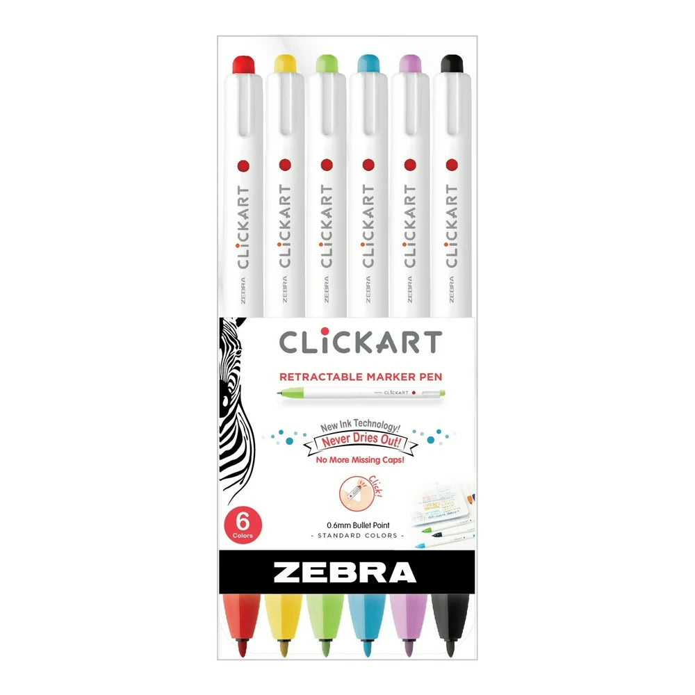 Clickart Retractable Marker Pens Set, 0.6Mm, 6 Count, Multi-Colors